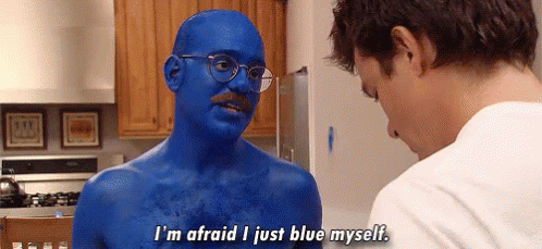 Tobias Funke, shirtless and covered in blue paint, talks to Michael Bluth (Arrested Development)
