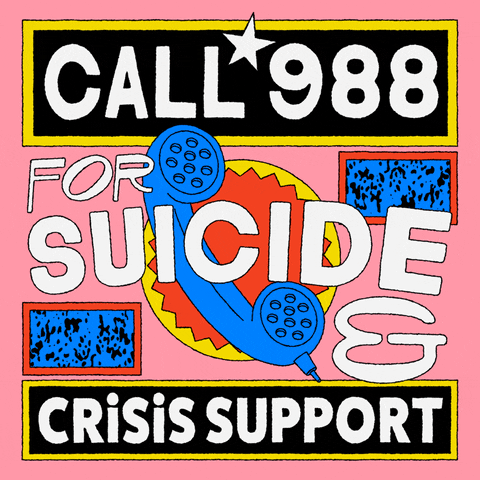 Text gif. The words "Call 988 for suicide and crisis support" flex and bob on a bold pink background around bright colors and twinkling stars and a classic telephone receiver.
