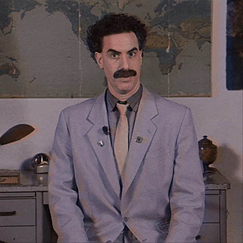 Movie gif. Sacha Baron Cohen as Borat wears a gray suit and tie and a thick black mustache. He turns his head and makes an exaggerated smile at us like he's posing for a portrait.