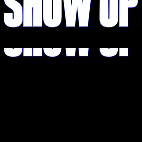 Text gif. Huge bold 3D block letters slide in flip spin and transform on a black background, reading, "Show up show up show up, and and and, win win win."