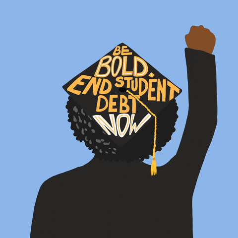 Digital art gif. Animation of a person with their fist raised, cycling through different races and hairstyles, meant to represent several different people. The person is wearing a graduation cap that says, "Be bold. End student debt now," all against a light blue background.