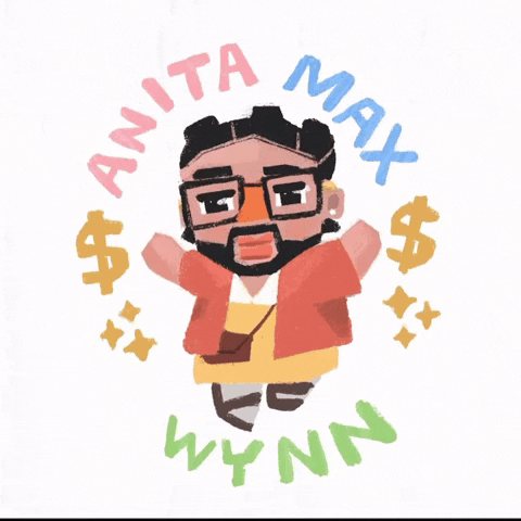 Illustrated gif. A cartoon version of rapper Drake with square glasses, an open red shirt, yellow bottoms and a brown satchel is encircled by text reading, "Anita Max Wynn" and doodles of dollar signs.  
