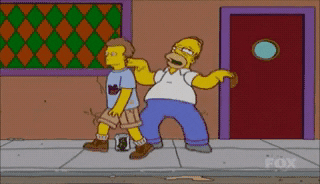 The Simpsons gif. Homer Simpson does a groggy dance outside of Moe's Tavern as people pass by and toss money into a beer mug. 
