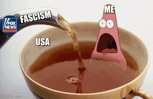 Meme gif. Kettle pours hot tea into a mug. SpongeBob's Patrick Star sits inside the mug, his mouth open and eyes wide, clearly burning from the tea. Kettle is labeled "Fox News," tea is labeled "Fascism," mug is labeled "U-S-A," and Patrick is labeled "Me."