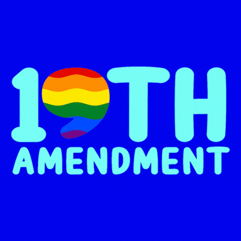Digital art gif. The word “19th Amendment” rests over a blue background as various graphics scroll inside of the “9” in “19th,” including a $20 bill, a rainbow, a fist pumping up and down, a female symbol, a peace sign, the scales of justice, and the transgender flag.