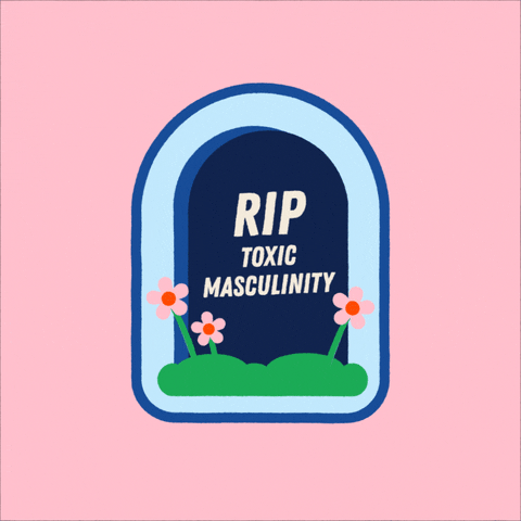 Illustrated gif. Navy blue tombstone with pink flowers swaying in the grass stands in front of a pink background and reads, "RIP toxic masculinity."