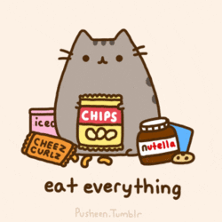 Illustrated gif. The Pusheen cat bobs up and down, surrounded by delicious treats like cheese curds, chips and nutella. It's chewing happily. Text, "eat everything."