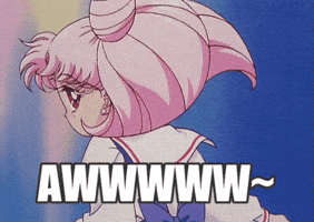 Anime gif. Sailor Mini Moon turns in surprise, then basks in delight. Text, "Awwww~"