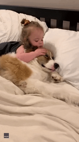 Video gif. A young girl snuggles in bed with her sleeping dog as she pets its head. Eventually she smiles at us, then reaches down to pet its neck.