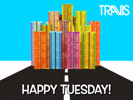 Video gif. A man’s smiling face inside of a cartoon sun rises over an animated city. Text, “Happy Tuesday!”