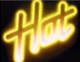 Text gif. Text, "Hot," flashes in retro font and glows neon yellow, pink, and red.