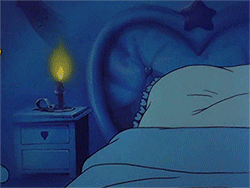 Cartoon gif. Bedtime Bear from Care Bears jumps into bed with a nightcap on. He quickly blows out his candle on his nightstand and closes his eyes to fall asleep. The candle mysteriously lights back up and Bedtime Bear opens his eyes in shock. He blows it back out and falls back asleep with a smile on his face. 