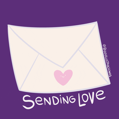 Cartoon gif. A white envelope, marked with a picture of a cute smiling heart opens, and a larger version of the cute smiling heart peeks out to say "hi" via word balloon. Text, "Sending love."