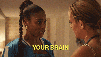 Movie gif. Taylour Paige as Zola and Riley Keough as Stefani in Zola. They're both standing in a bathroom and Zola is incredibly upset at Stefani. She stares at her incredulously before pointing at her head with both hands then pointing at Stefani and yelling, "Your brain is BROKE!"