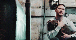 Movie gif. Tom Hardy as Bob in The Drop cradles a dog in his arms, petting it gently, looking off into the distance. 