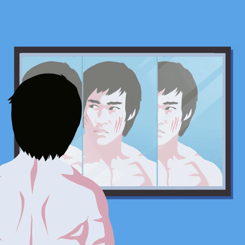 Digital art gif. Cartoon image of a shirtless, buff Jackie Chan slides in front of a three-pane mirror, Chan looking at himself thoughtfully in the reflection. Text, "Look upon yourself as you would a friend who is struggling."