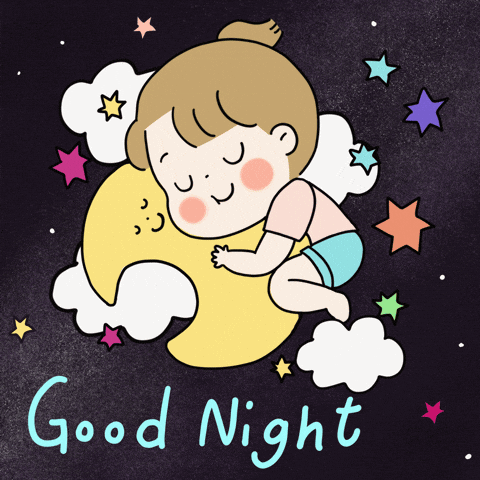 Digital illustration gif. Child snuggles with a tiny crescent moon as ...