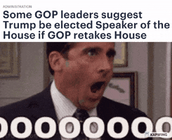 The Office gif. Steve Carell as Michael Scott looks angry and exasperated as he opens his mouth wide and screams, "No, God, please, no, no, noooooooo!" Text, "Some G-O-P leaders suggest Trump be elected Speaker of the House if G-O-P retakes House."