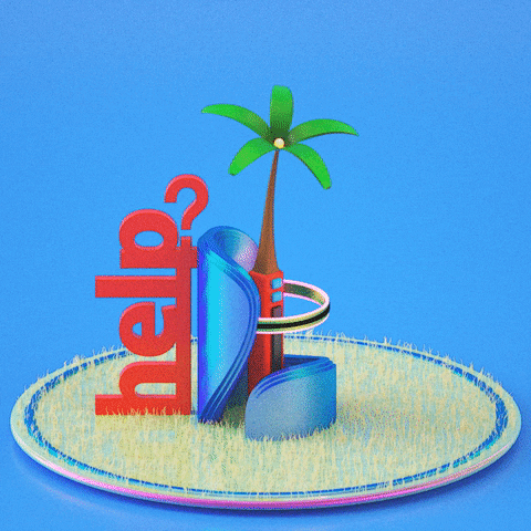 Digital art gif. A beach ball falls onto an island with a palm tree that is flanked by the word, “help?”