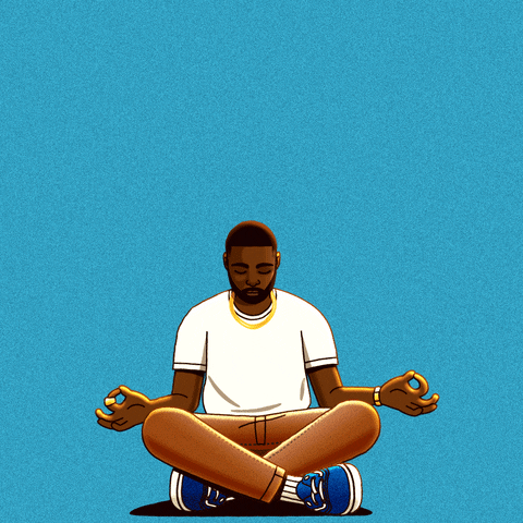 Digital art gif. Meditating man sits cross-legged with his hands resting on his knees against a light blue background. He takes a deep breath in and the text above him reads, “Inhale the good shit, Facts.” Then he exhales and lowers his head as the text above him reads, “Exhale the bullshit. Trumpism.”