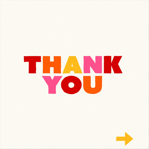 Text gif. The words "thank you," in red, orange, yellow and pink letters, stretch larger and smaller against a white background.