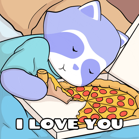 Cartoon gif. Raccoon wearing pajamas lies in an open pizza box, holding a slice of folded over pepperoni pizza, chewing with a content expression on its face. Text, "I love you."