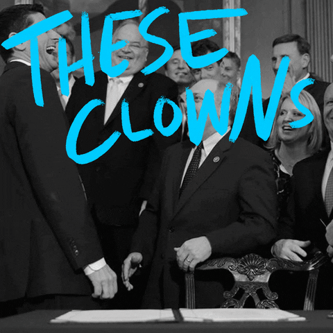 Photo gif. Black and white photo of amused Republican politicians laughing hysterically. Text, “These clowns are killing us.”