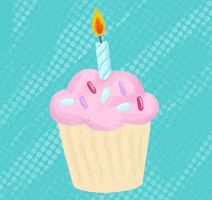 Digital art gif. Candle glows atop a pink cupcake against an aqua background as a message reads, “It’s my diaversary.”