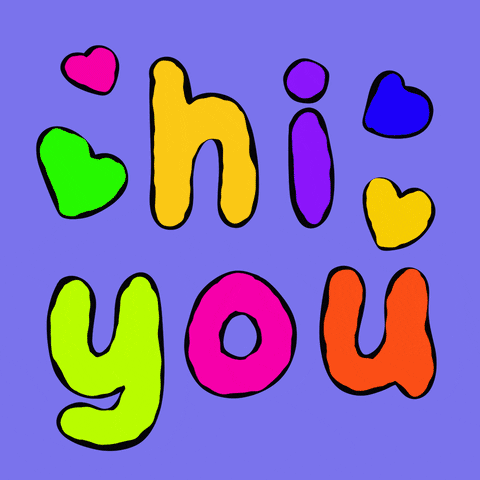 Text gif. Lower case text and small hearts flash an array of colors on a blue background. Text, "Hi you."