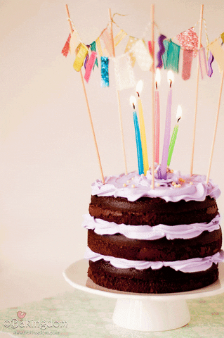 Video gif. Three-layered chocolate cake with purple frosting and tall pastel-colored rainbow candles. Four wooden skewers stuck into the top of the cake and strung together with tiny multi-colored flags surround the candles with a colorful canopy.