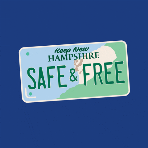 Illustrated gif. Graphic of the New Hampshire license plate on a deep blue background, text changed to say, "Keep New Hampshire safe and free."