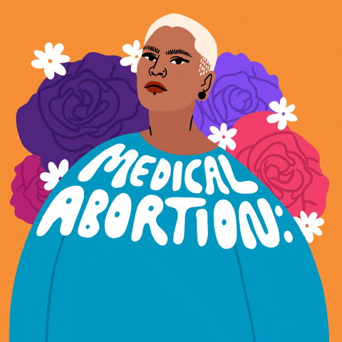 Digital art gif. Woman blinks as she stands amongst colorful roses against an orange background. Her blue shirt reads, “Medical abortion: my abortion on my terms.”