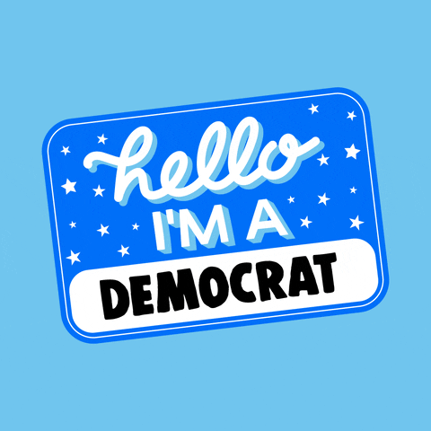 Digital art gif. Illustration of a blue name tag sticker that says, "Hello, I'm a..." with the word "Democrat" written in the blank space in bold all caps letters, against a light blue background.