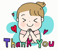 Illustrated gif. A girl with a ponytail shuts her eyes, nods her head and holds her palms together in prayer as smiling hearts dance around her. Text, "Thank you."