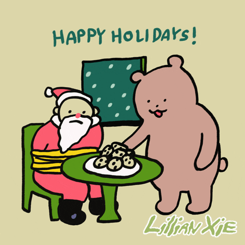 Illustrated gif. A frowning Santa Claus is tied up, sitting at a table while a smiling bear eats cookies that are sitting in front of Santa. Text, “Happy Holidays!”