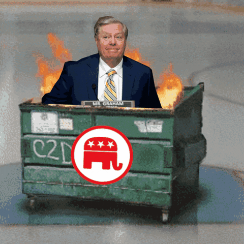 Political gif. Senator Lindsey Graham smiles smugly inside a raging dumpster fire. The dumpster is stamped with a red and white elephant.