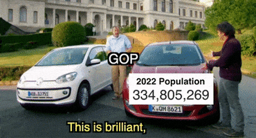 Top Gear gif. Jeremy Clarkson, labeled "G-O-P," stands between a white car and a red car. He gestures to the red car and then the white car, saying "This [the red car[] is brilliant, but I like this [the white car]." The red car is labeled "2022 population: 334,805,269," while the white car is labeled "Total firearms (civilian): 393,300,000."