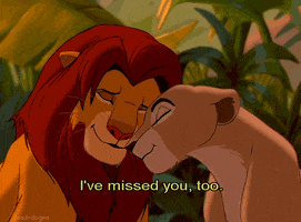 Disney gif. Simba and Nala in The Lion King close their eyes as they nuzzle noses.