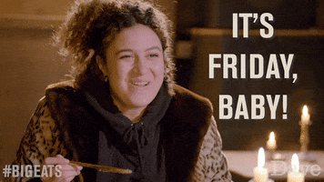 TV gif. In a scene from Big Zuu's Big Eats, an excited woman with curly hair proclaims to us: Text, "It's Friday, baby!"
