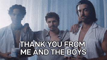 Sponsored gif. Michael Cera stands in between two beefy men who hold a bottle of CeraVe lotion. He hands his arms up on their shoulders and they all smize at us, giving us an intense look as the camera gets closer. They stand in a room filled with light blue, draping fabric. Text, "Thank you from me and the boys."
