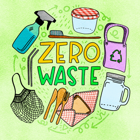Digital art gif. Cartoon illustrations of a jam jar, a reusable bag, metal straws, a wooden toothbrush, a mason jar, a reusable sandwich bag, another reusable bag, and a spray bottle are gathered in a circle around text that reads, "zero waste," against a green background.