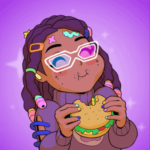 Cartoon gif. Girl with dark brown locks holds a burger in her hands, happily chewing with her eyes closed, like she's savoring the moment. She's wearing brightly colored bourettes and white framed glasses with colored lenses against a bright purple starry background.