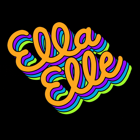 Digital art gif. The words "Ella/elle" flashing in rainbow cursive font against a black background.