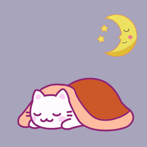Digital illustration gif. Sleeping white cat with its head poking out from a blanket breathes softly up and down. A peacefully sleeping crescent moon and stars are against a lavender background above the cat with text that reads, "Good night my dear!'