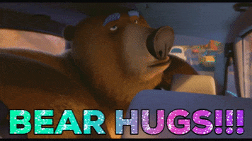 Cartoon gif. Mackenzie Huntington from the animated film Animal Crackers pops up and aggressively hugs enormous bear Bear McCreary in the backseat of a car. Bear struggles to breathe in her grip. Blue and purple glittering text reads, "Bear Hugs!!!