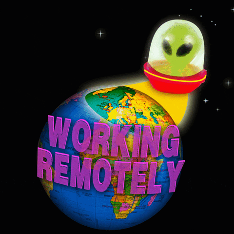 Digital art gif. Green alien in a UFO circulates around the top of a rapidly rotating Earth while cosmic diamond stars sprinkle the black sky. Written across the Earth, purple text reads, "Working remotely,"