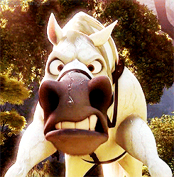 Disney gif. Maximus the horse from Tangled is staring us down and his nostrils flare as water runs down his snout.