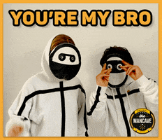 Video gif. Two men wearing black and white face masks and wearing white tracksuits with a black cross in the center snap their fingers, clap, and point at us. Text, "You're my bro."