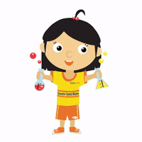 GIF of young girl with black hair waving science beakers