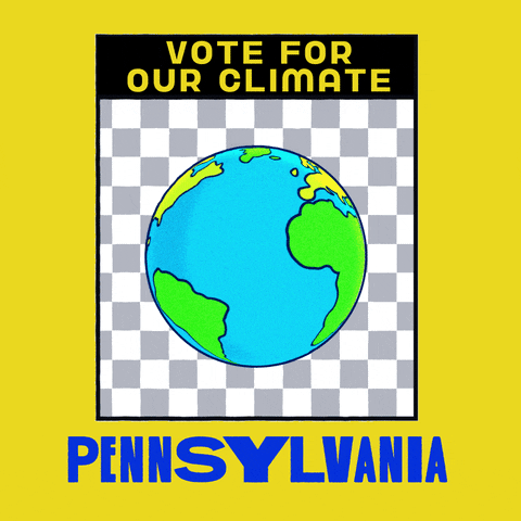 Digital art gif. Earth spins in front of a grey and white checkered background framed in a yellow box. Text, “Vote for the climate. Pennsylvania.”
